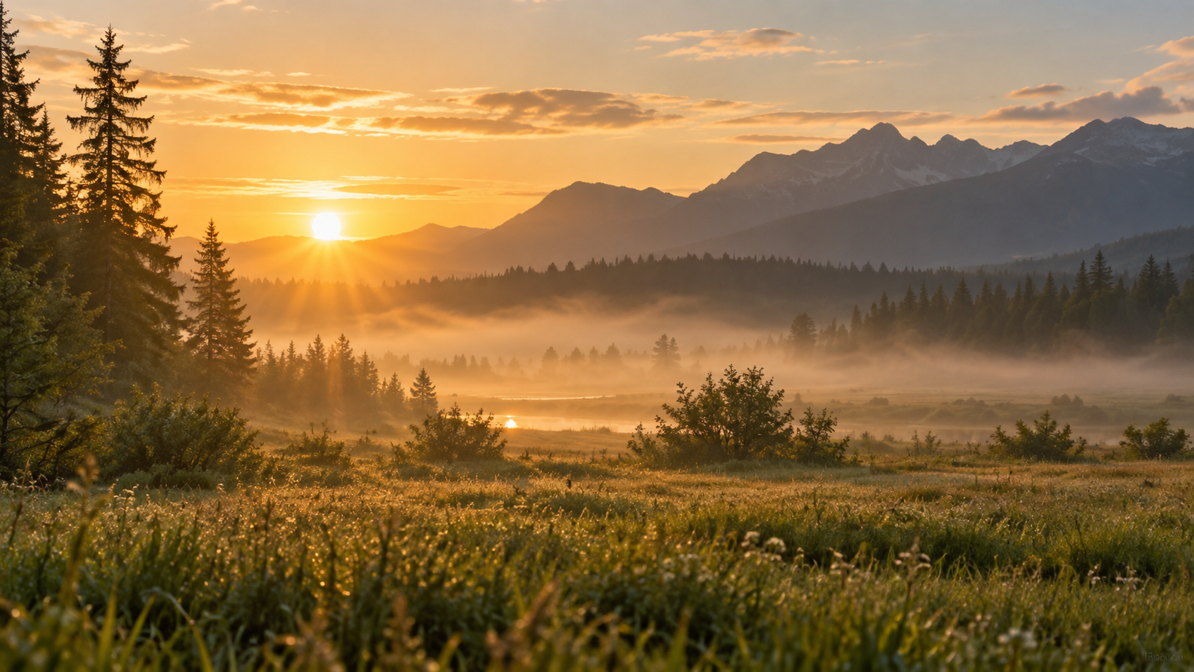 Golden sunrise over a misty forest meadow