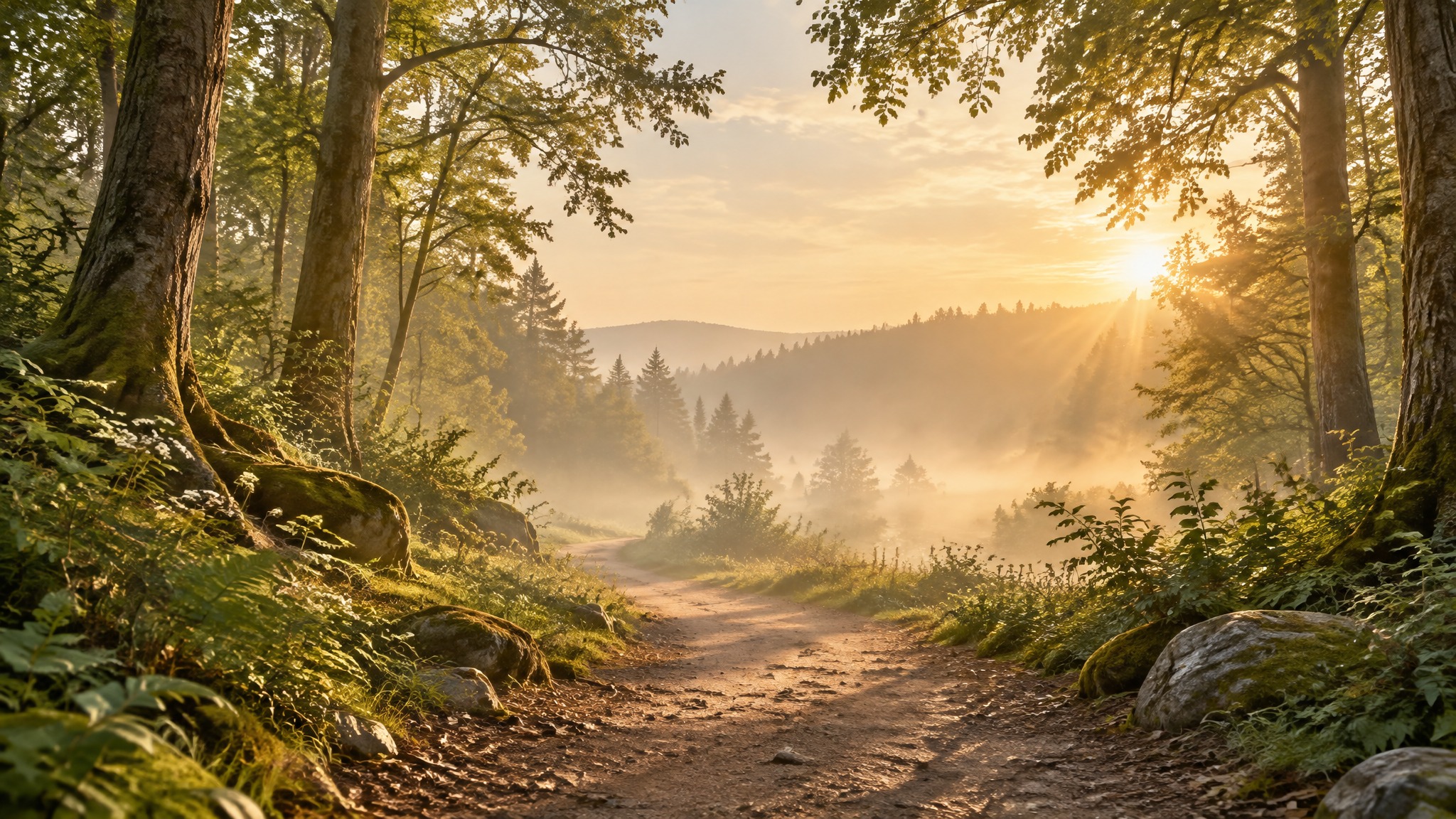 Misty morning forest path lit by warm golden sunrise light