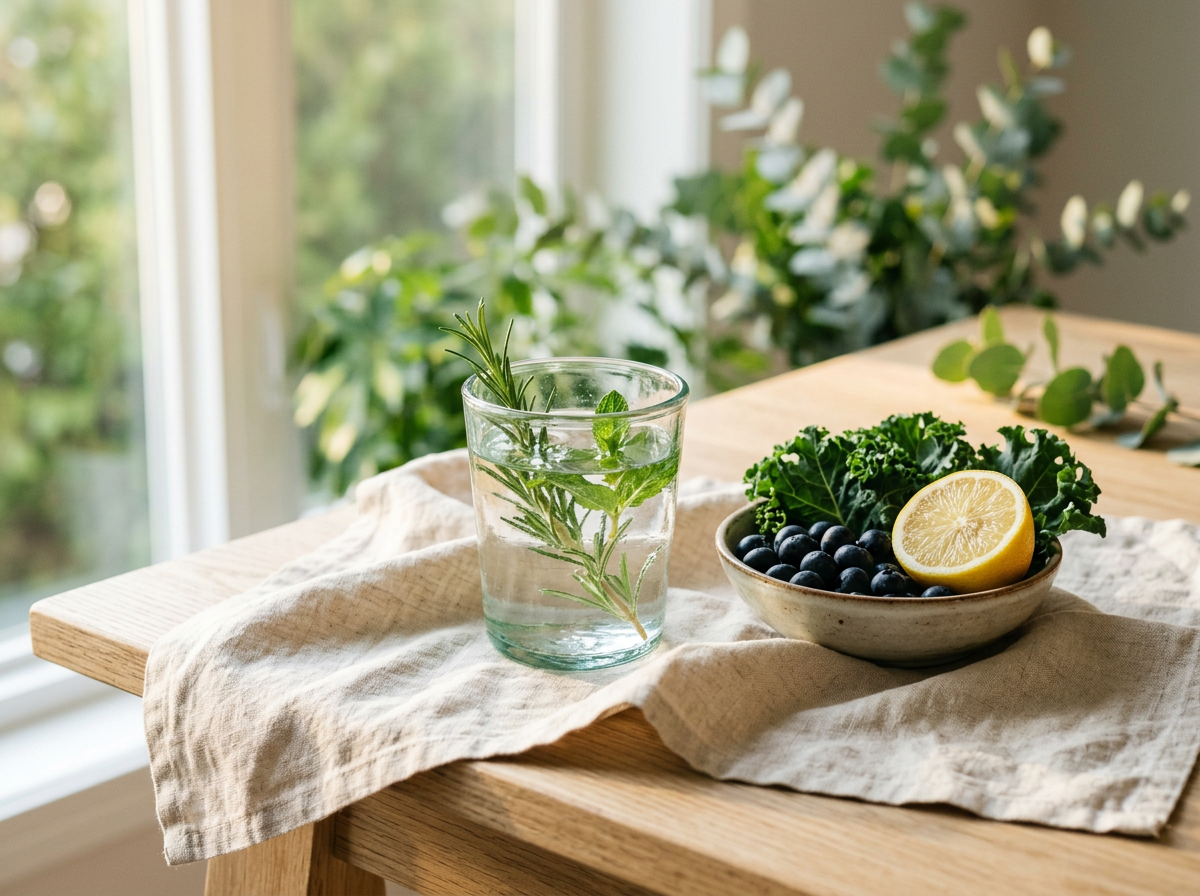 Glass of herb-infused water beside a bowl of blueberries, kale and lemon in warm morning light