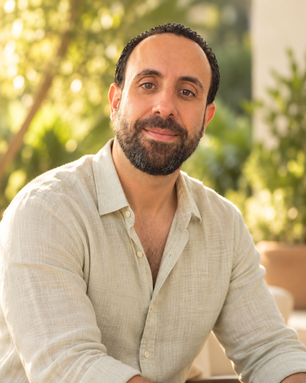 Michael Caban, PuraVibe health coach, smiling gently in a cream linen shirt in soft morning light