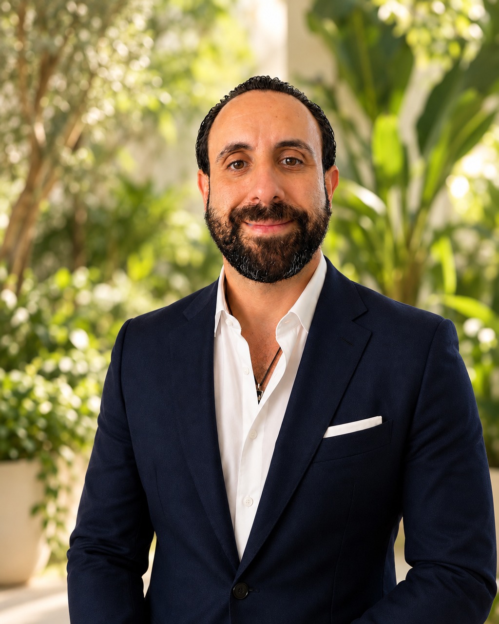 Michael Caban, PuraVibe health coach, smiling in a navy blazer among green plants